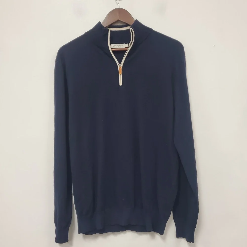 Collars & Co Mens Cotton Cashmere Zip Pullover Sweater Size L Blue Nautical